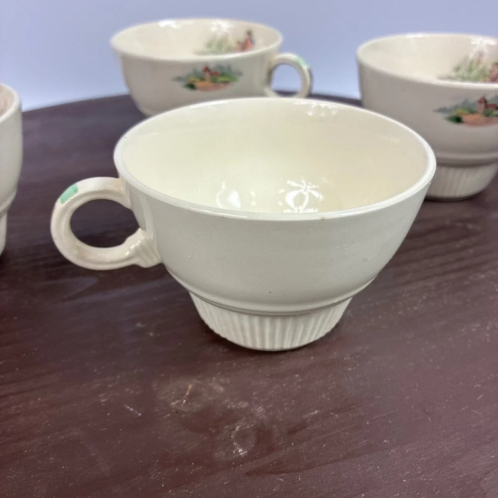 Vintage Salem China Godey Prints Demitasse Teacups Victory Ribbed Shape Set of 4